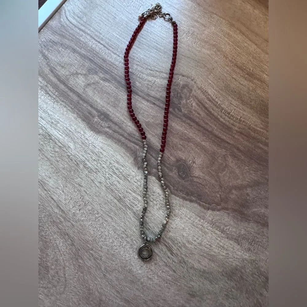 Handmade Red & Gold Tone Glass Seed Bead Necklace Circle Pendant Artisan Boho